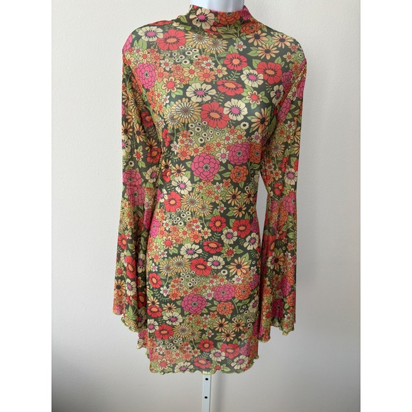 Sugar Thrillz Dresses & Skirts - Boho Fairycore Dress 1X Mini 70s Retro Sheer Floral Mesh Bell Sleeve Lettuce Hem